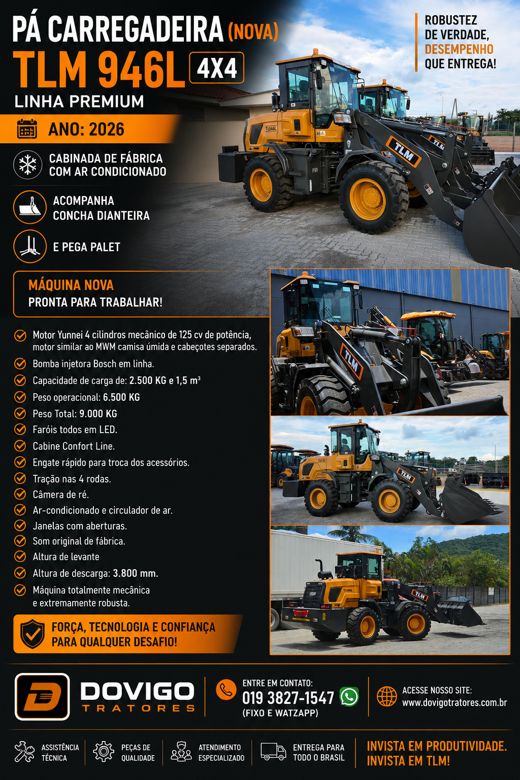 Pá Carregadeira (nova) Marca: TLM Modelo: 946L 4x4 linha Premiun, Ano: 2026, Cabinada de fábrica com ar condicionado - Imagem 10