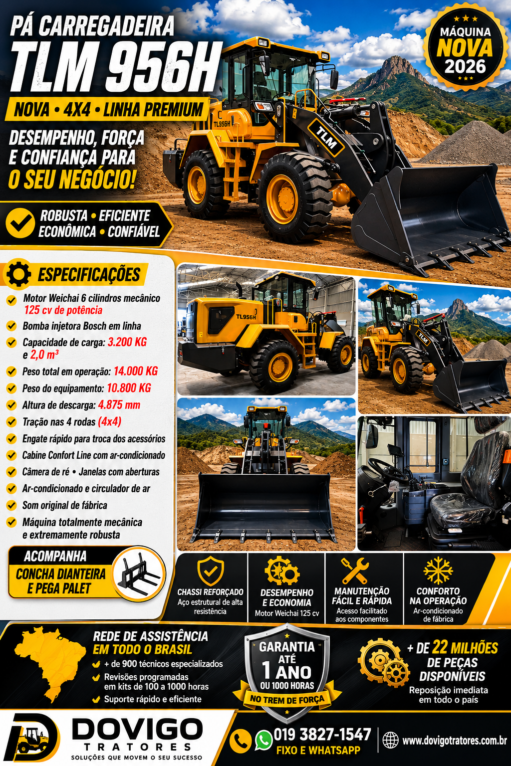 Pá Carregadeira (nova) Marca: TLM Modelo: 956H 4x4 linha Premiun, Ano: 2026, Cabinada de fábrica com ar condicionado. - Imagem 13